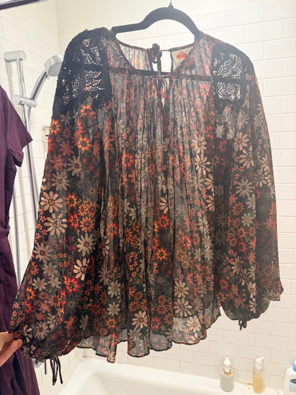 FARM Rio Black Sheer Floral Lace-Yoke Peasant Blouse